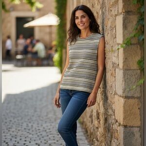 ST. JOHN Knit Sweater Shell Sleeveless Striped Black White Tan Gold Size S